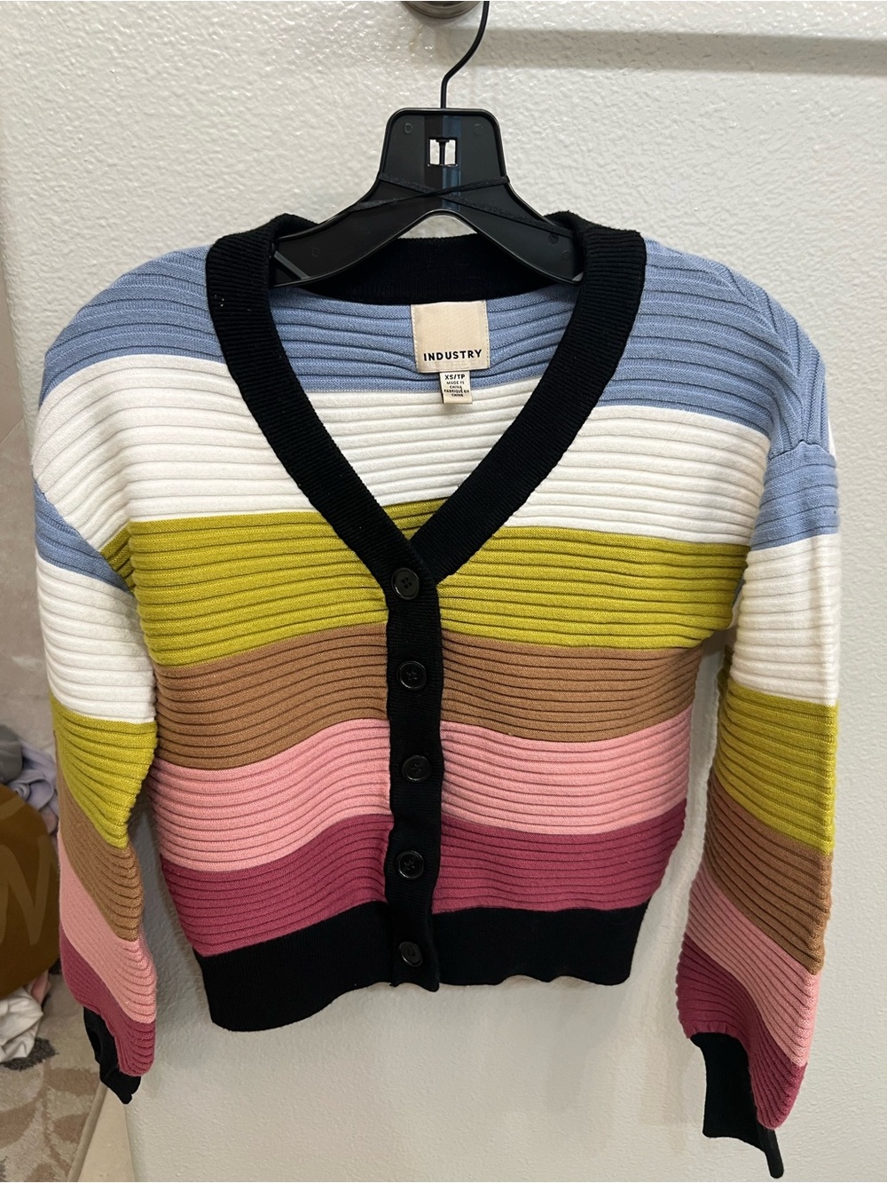 Colorful Cardigan Sweater - Multi Pink, green, white & Blue stripes. Very soft